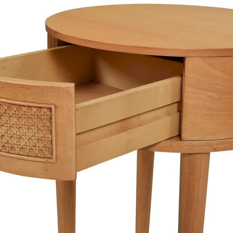 Table d'appoint ronde en rotin de 45 cm, bois de chêne brun naturel