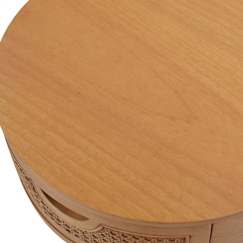 Table d'appoint ronde en rotin de 45 cm, bois de chêne brun naturel
