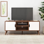 Meuble TV blanc et noyer de style moderne du milieu du siècle avec 3 tiroirs pour téléviseurs jusqu'à 49 pouces