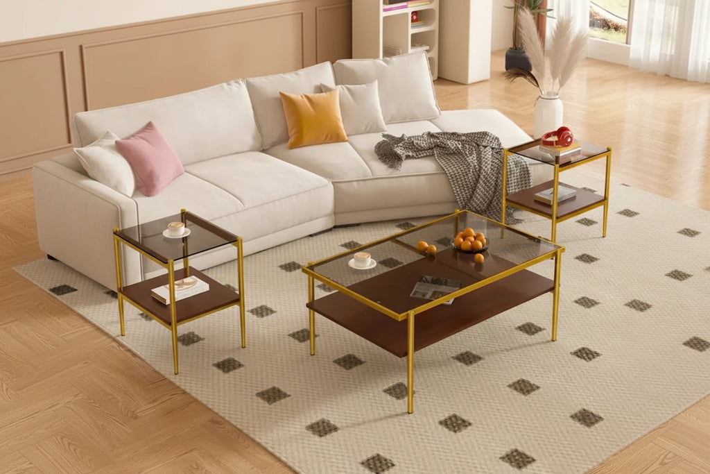 Coffee Table and End tables Set of 3, Tempered Glass Table with MDF layer, Modern Tables for Living Room , Gray Glass