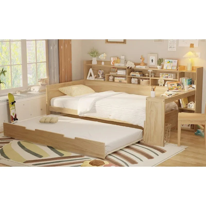 Lit de repos double avec étagères, lit gigogne et bureau