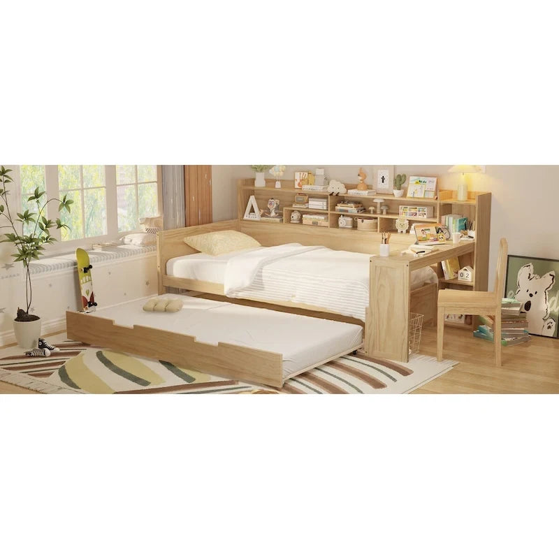 Lit de repos double avec étagères, lit gigogne et bureau
