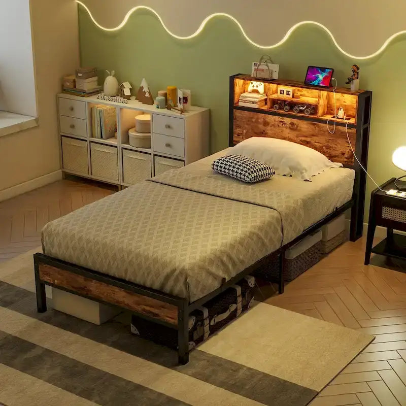 Twin Size Bed Frame with Storage Headboard, Metal Platform Bed with Charging Station, Bookcase Storage, No Box Spring Needed