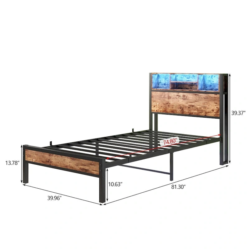 Cadre de lit double avec tête de lit de rangement, plateforme de lit en métal avec station de recharge, rangement bibliothèque, aucun sommier tapissier requis
