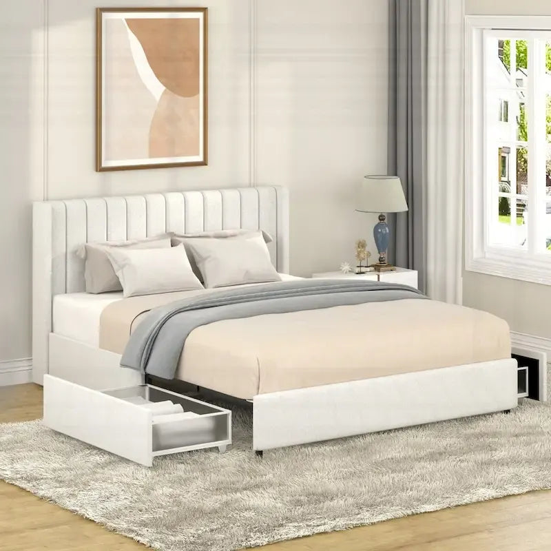 Lit plateforme capitonné de luxe avec deux tiroirs de rangement pour un confort ultime