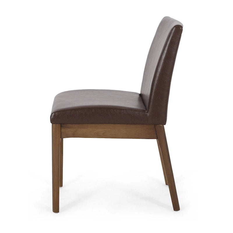 Chaise de salle à manger sans accoudoirs, Hévéa au grain naturel, Similicuir marron