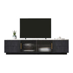 Meuble TV avec portes en verre pour téléviseur de 70 pouces, console multimédia avec 4 tiroirs, table de centre multimédia en bois avec grand placard de rangement