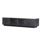 Meuble TV avec portes en verre pour téléviseur de 70 pouces, console multimédia avec 4 tiroirs, table de centre multimédia en bois avec grand placard de rangement