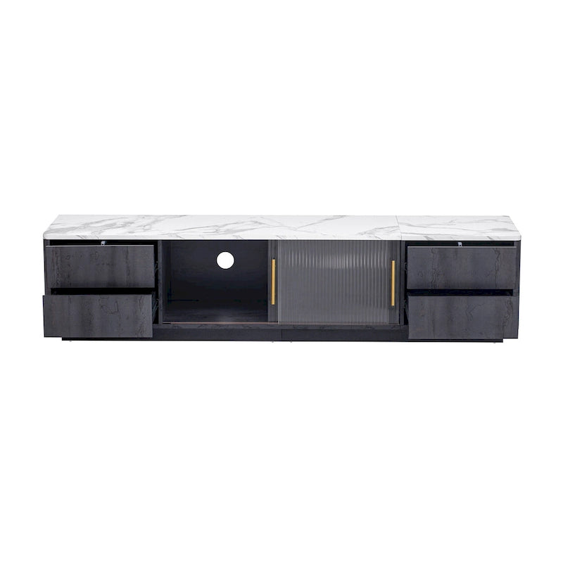 Meuble TV avec portes en verre pour téléviseur de 70 pouces, console multimédia avec 4 tiroirs, table de centre multimédia en bois avec grand placard de rangement