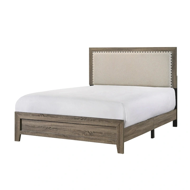 Tête de lit capitonnée en tissu gris avec garniture cloutée, lit Queen Size 1 pièce, beau mobilier de chambre en bois