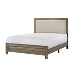 Tête de lit capitonnée en tissu gris avec garniture cloutée, lit Queen Size 1 pièce, beau mobilier de chambre en bois