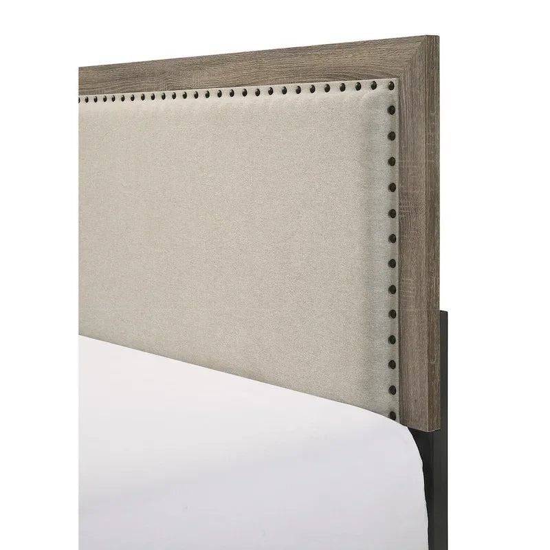Tête de lit capitonnée en tissu gris avec garniture cloutée, lit Queen Size 1 pièce, beau mobilier de chambre en bois