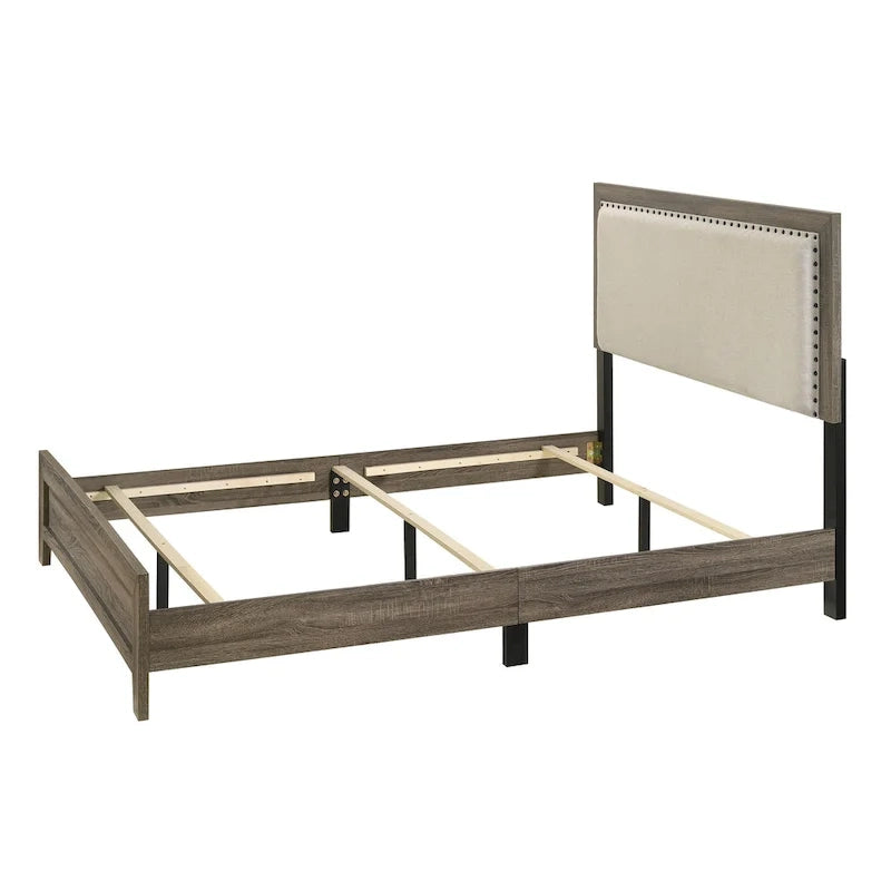 Tête de lit capitonnée en tissu gris avec garniture cloutée, lit Queen Size 1 pièce, beau mobilier de chambre en bois