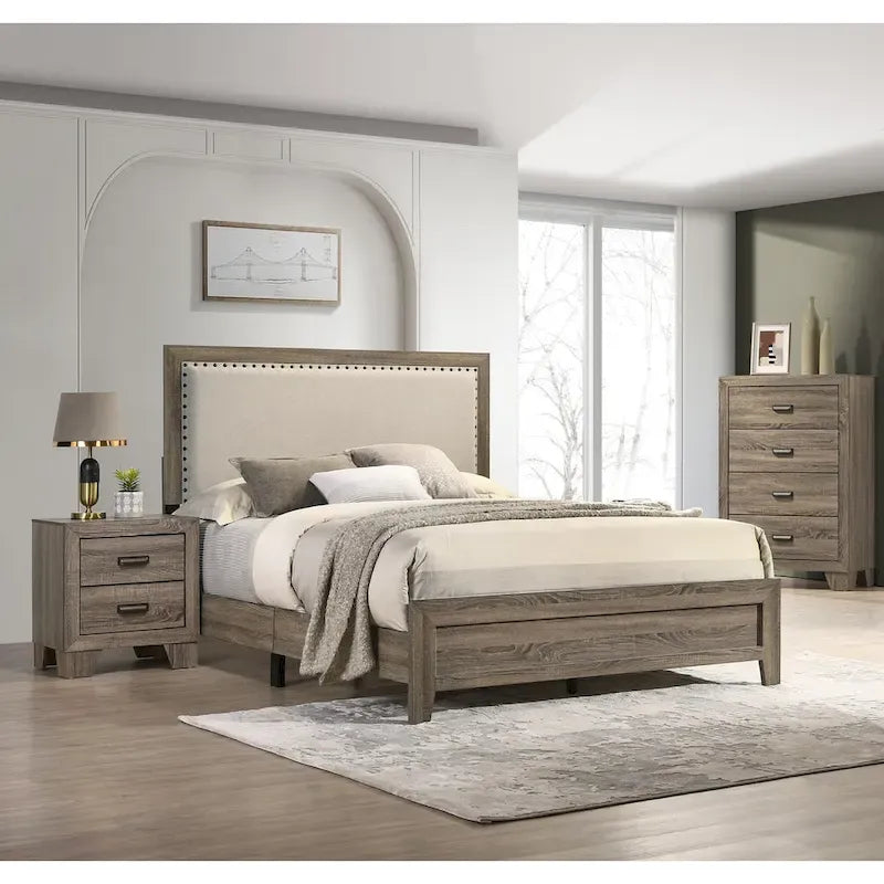 Tête de lit capitonnée en tissu gris avec garniture cloutée, lit Queen Size 1 pièce, beau mobilier de chambre en bois