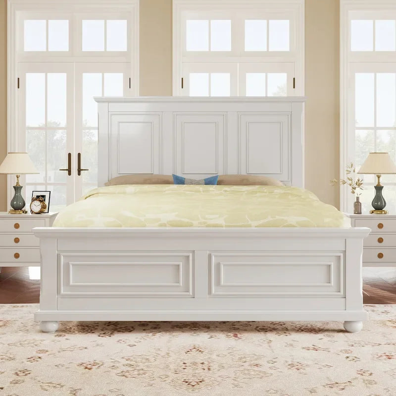 Lit plateforme double king size traditionnel blanc en pin avec sommier à lattes en bois pour chambre à coucher