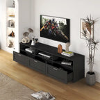 Meuble TV noir de 180 cm avec 3 espaces de rangement ouverts et 3 tiroirs pour salon
