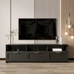 Meuble TV noir de 180 cm avec 3 espaces de rangement ouverts et 3 tiroirs pour salon