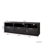 Meuble TV noir de 180 cm avec 3 espaces de rangement ouverts et 3 tiroirs pour salon