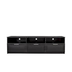 Meuble TV noir de 180 cm avec 3 espaces de rangement ouverts et 3 tiroirs pour salon