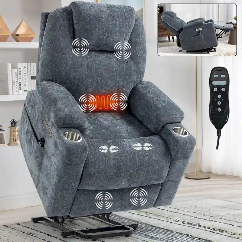 Fauteuil inclinable releveur bleu avec massage 8 points, chauffage lombaire, deux ports USB et porte-gobelets en acier inoxydable