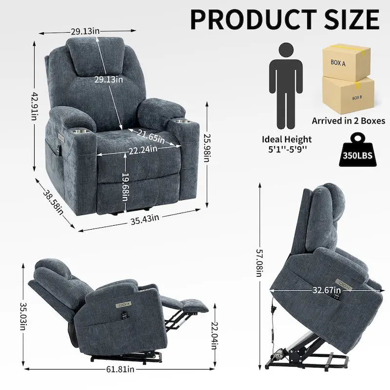 Fauteuil inclinable releveur bleu avec massage 8 points, chauffage lombaire, deux ports USB et porte-gobelets en acier inoxydable