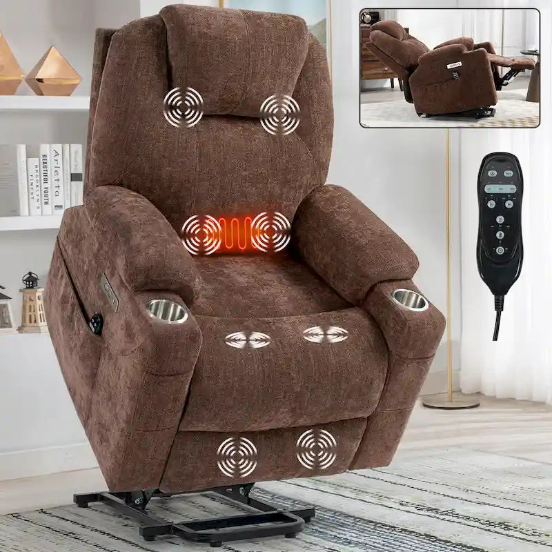 Fauteuil inclinable releveur bleu avec massage 8 points, chauffage lombaire, deux ports USB et porte-gobelets en acier inoxydable
