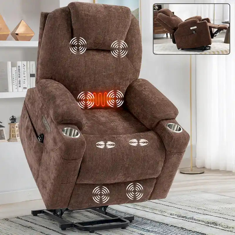 Fauteuil inclinable releveur bleu avec massage 8 points, chauffage lombaire, deux ports USB et porte-gobelets en acier inoxydable