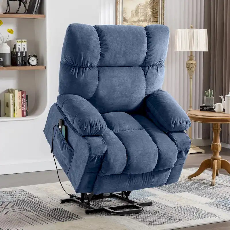 Fauteuil inclinable électrique releveur bleu avec chauffage, massage et ports USB