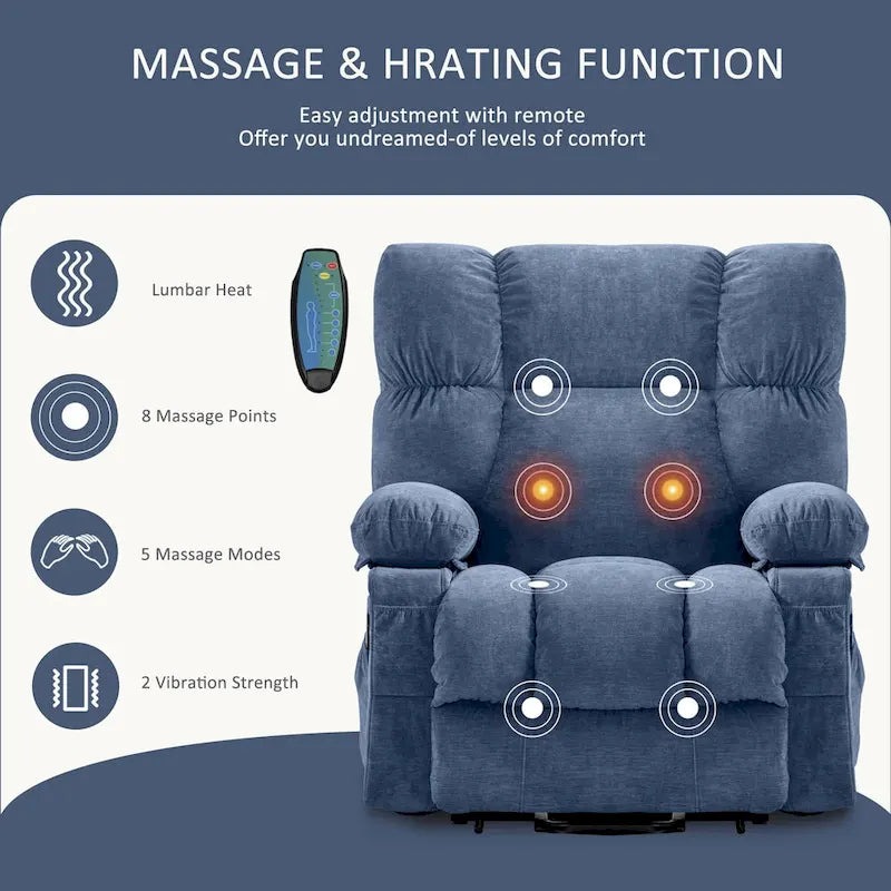 Fauteuil inclinable électrique releveur bleu avec chauffage, massage et ports USB