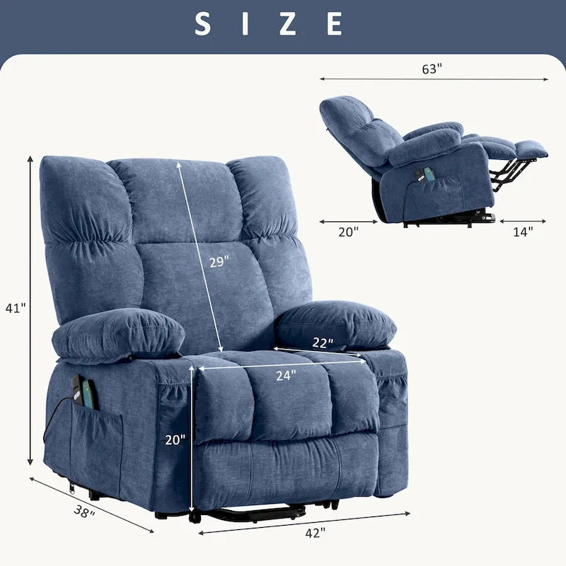Fauteuil inclinable électrique releveur bleu avec chauffage, massage et ports USB