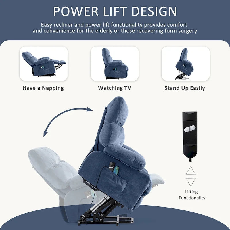 Fauteuil inclinable électrique releveur bleu avec chauffage, massage et ports USB