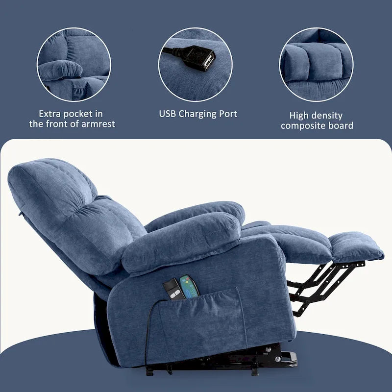 Fauteuil inclinable électrique releveur bleu avec chauffage, massage et ports USB