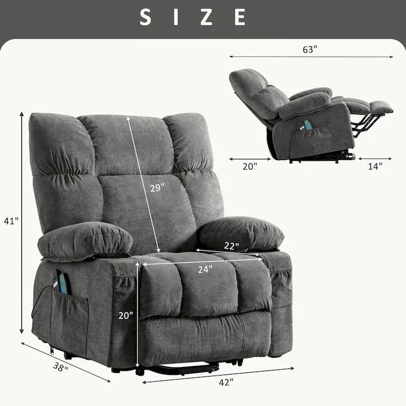Fauteuil inclinable électrique releveur bleu avec chauffage, massage et ports USB