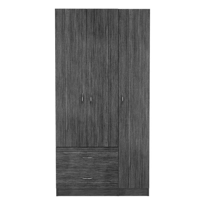 18.5 Armoire moderne à trois portes avec tringle, quatre étagères intérieures et deux tiroirs inférieurs