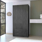 18.5 Armoire moderne à trois portes avec tringle, quatre étagères intérieures et deux tiroirs inférieurs
