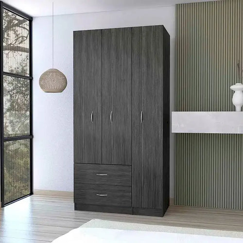 18.5 Armoire moderne à trois portes avec tringle, quatre étagères intérieures et deux tiroirs inférieurs
