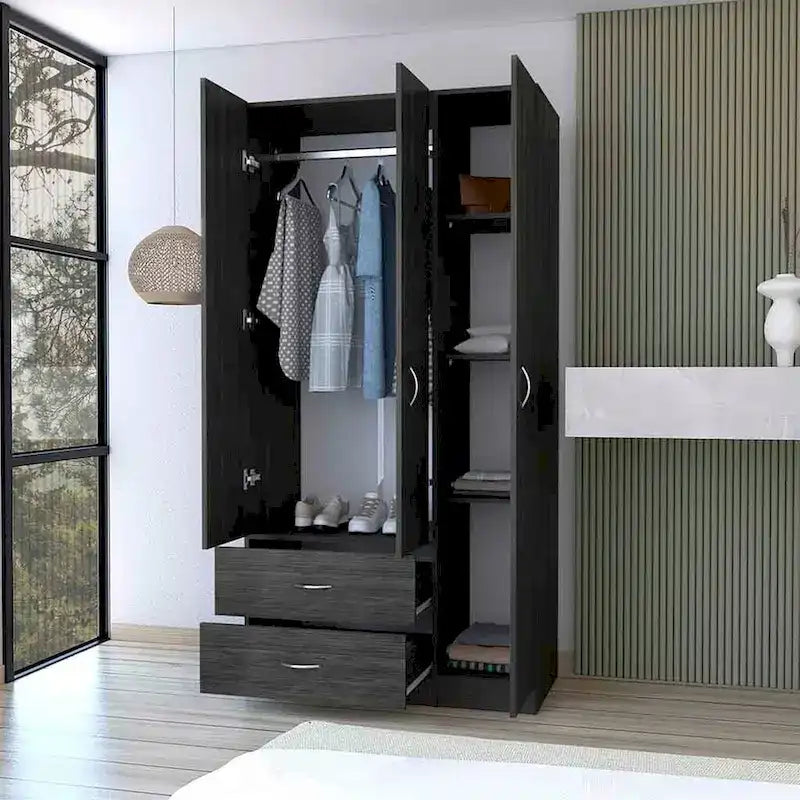 18.5 Armoire moderne à trois portes avec tringle, quatre étagères intérieures et deux tiroirs inférieurs