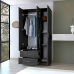 18.5 Armoire moderne à trois portes avec tringle, quatre étagères intérieures et deux tiroirs inférieurs