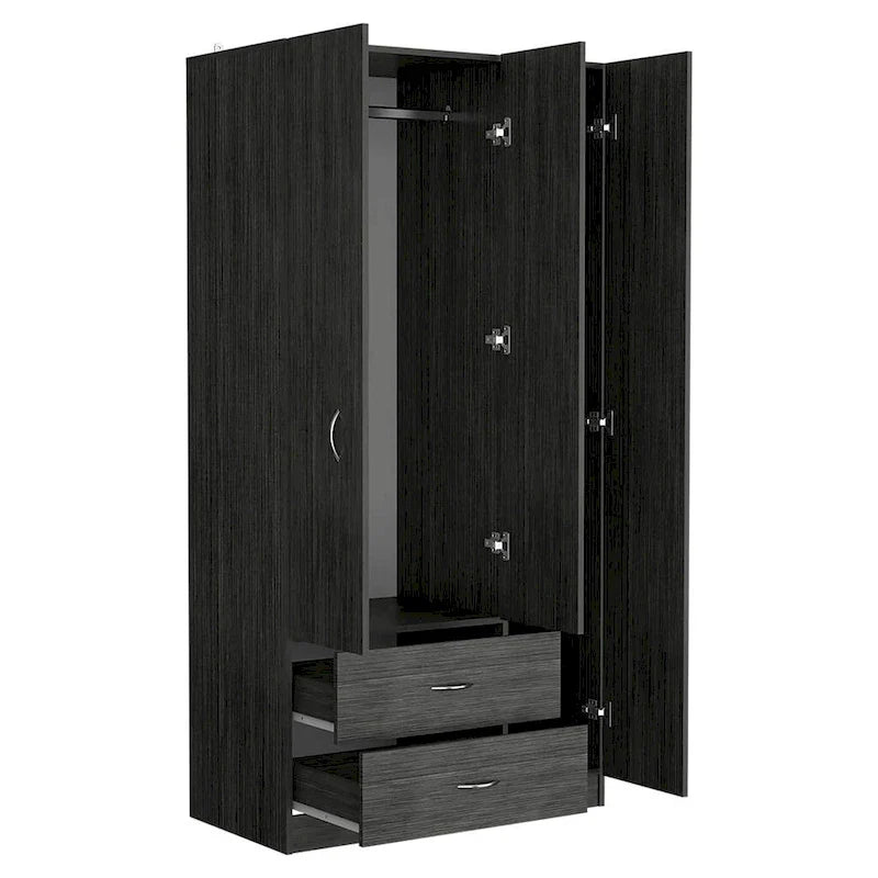 18.5 Armoire moderne à trois portes avec tringle, quatre étagères intérieures et deux tiroirs inférieurs