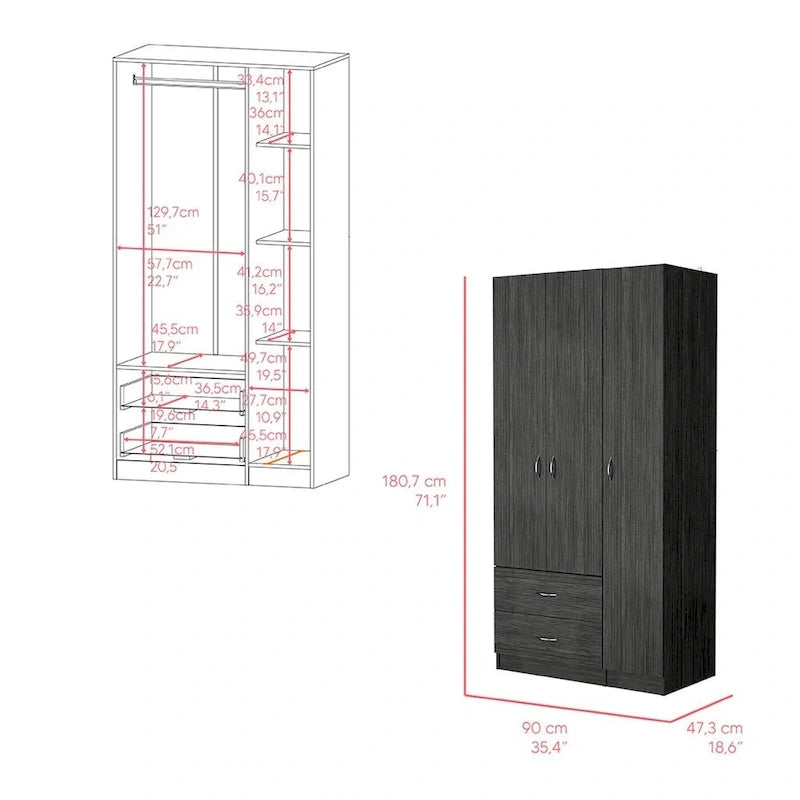 18.5 Armoire moderne à trois portes avec tringle, quatre étagères intérieures et deux tiroirs inférieurs
