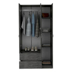 18.5 Armoire moderne à trois portes avec tringle, quatre étagères intérieures et deux tiroirs inférieurs