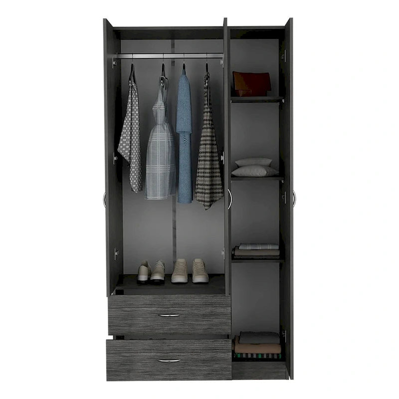 18.5 Armoire moderne à trois portes avec tringle, quatre étagères intérieures et deux tiroirs inférieurs