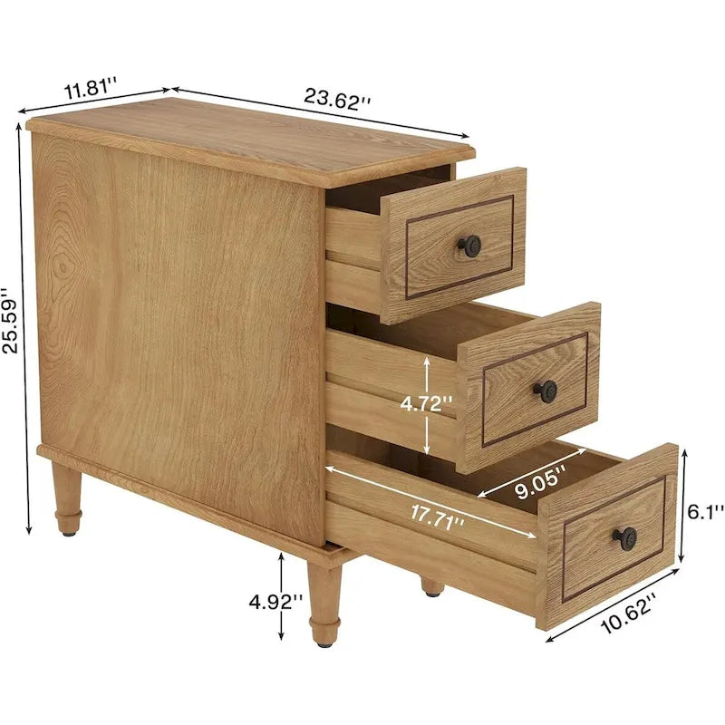 Tables de bout en bois massif à 3 tiroirs, table d'appoint étroite entièrement assemblée
