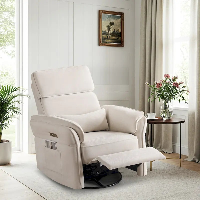 Fauteuil inclinable motorisé berçant et pivotant avec appuie-tête et accoudoirs réglables, ports de chargement USB et USB-C, fauteuil inclinable planeur pour chambre de bébé
