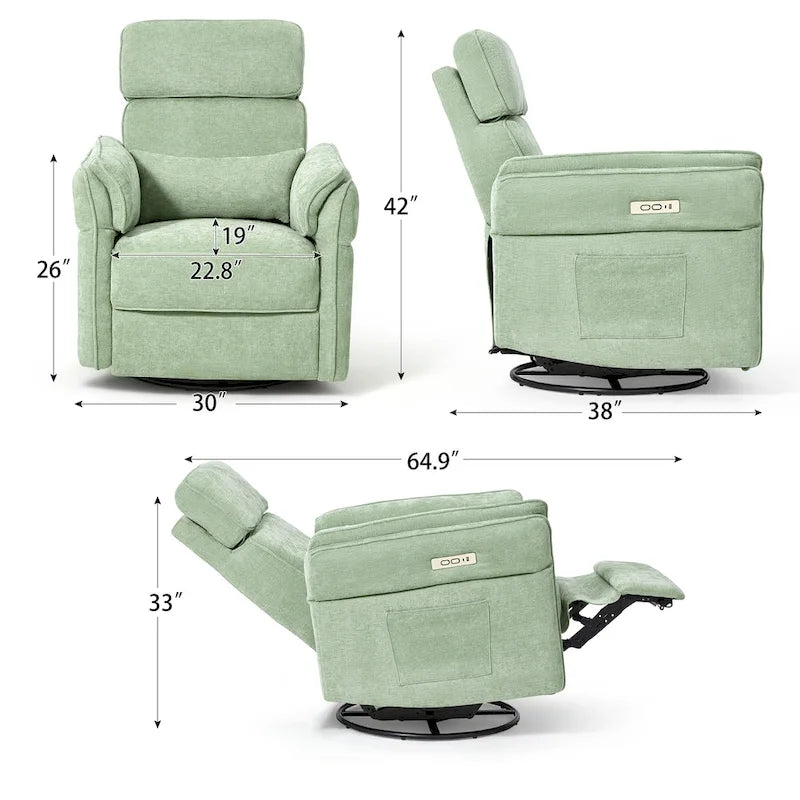 Fauteuil inclinable motorisé berçant et pivotant avec appuie-tête et accoudoirs réglables, ports de chargement USB et USB-C, fauteuil inclinable planeur pour chambre de bébé