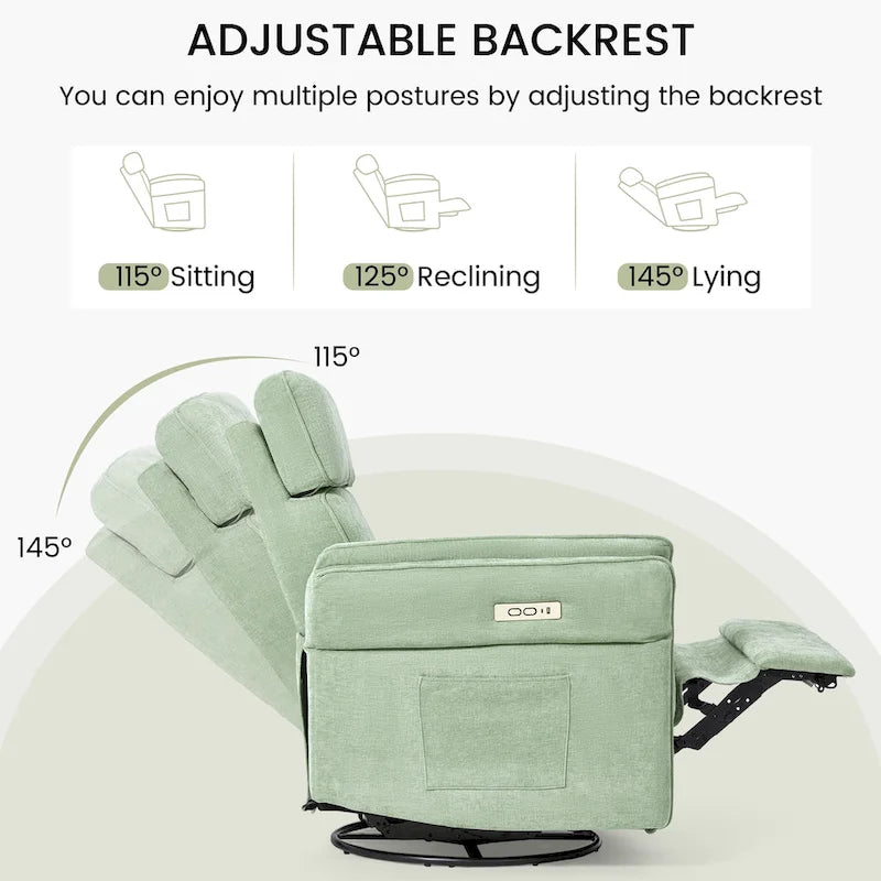 Fauteuil inclinable motorisé berçant et pivotant avec appuie-tête et accoudoirs réglables, ports de chargement USB et USB-C, fauteuil inclinable planeur pour chambre de bébé