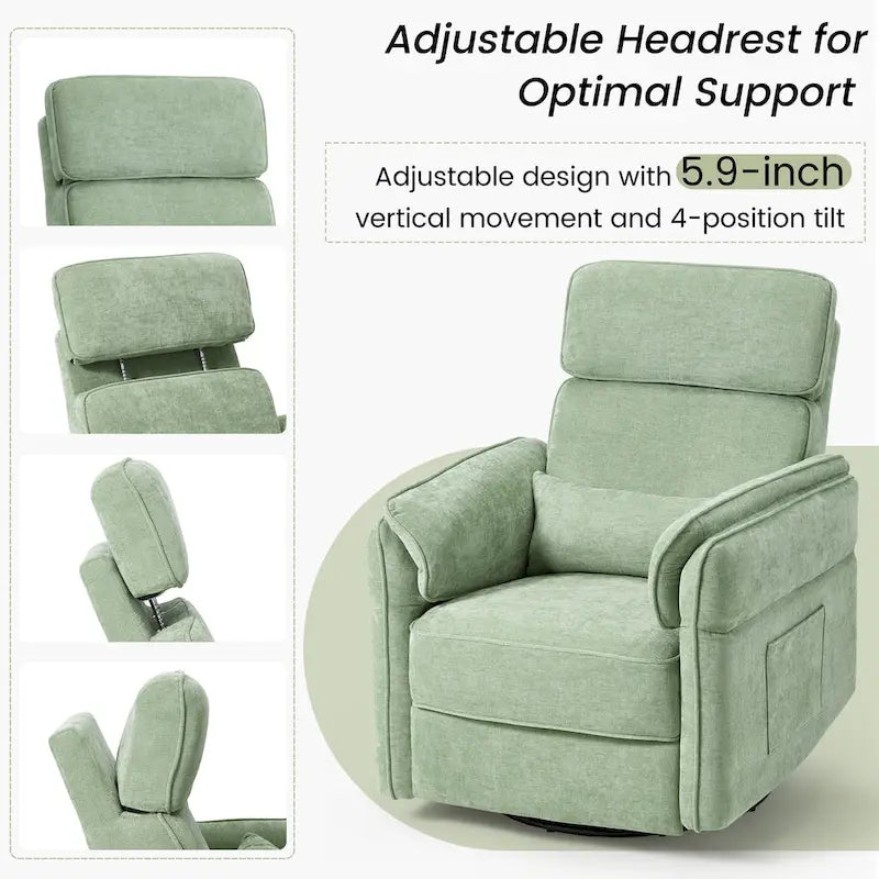 Fauteuil inclinable motorisé berçant et pivotant avec appuie-tête et accoudoirs réglables, ports de chargement USB et USB-C, fauteuil inclinable planeur pour chambre de bébé