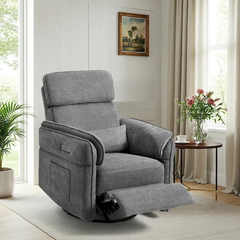 Fauteuil inclinable motorisé berçant et pivotant avec appuie-tête et accoudoirs réglables, ports de chargement USB et USB-C, fauteuil inclinable planeur pour chambre de bébé