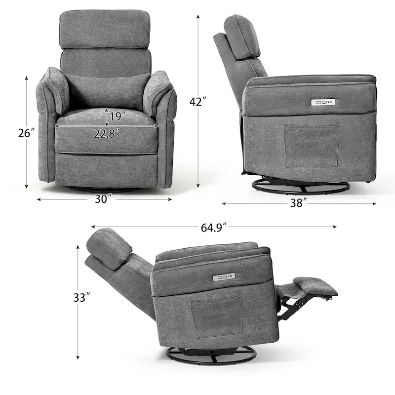Fauteuil inclinable motorisé berçant et pivotant avec appuie-tête et accoudoirs réglables, ports de chargement USB et USB-C, fauteuil inclinable planeur pour chambre de bébé