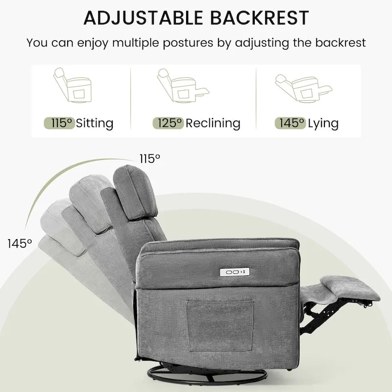 Fauteuil inclinable motorisé berçant et pivotant avec appuie-tête et accoudoirs réglables, ports de chargement USB et USB-C, fauteuil inclinable planeur pour chambre de bébé
